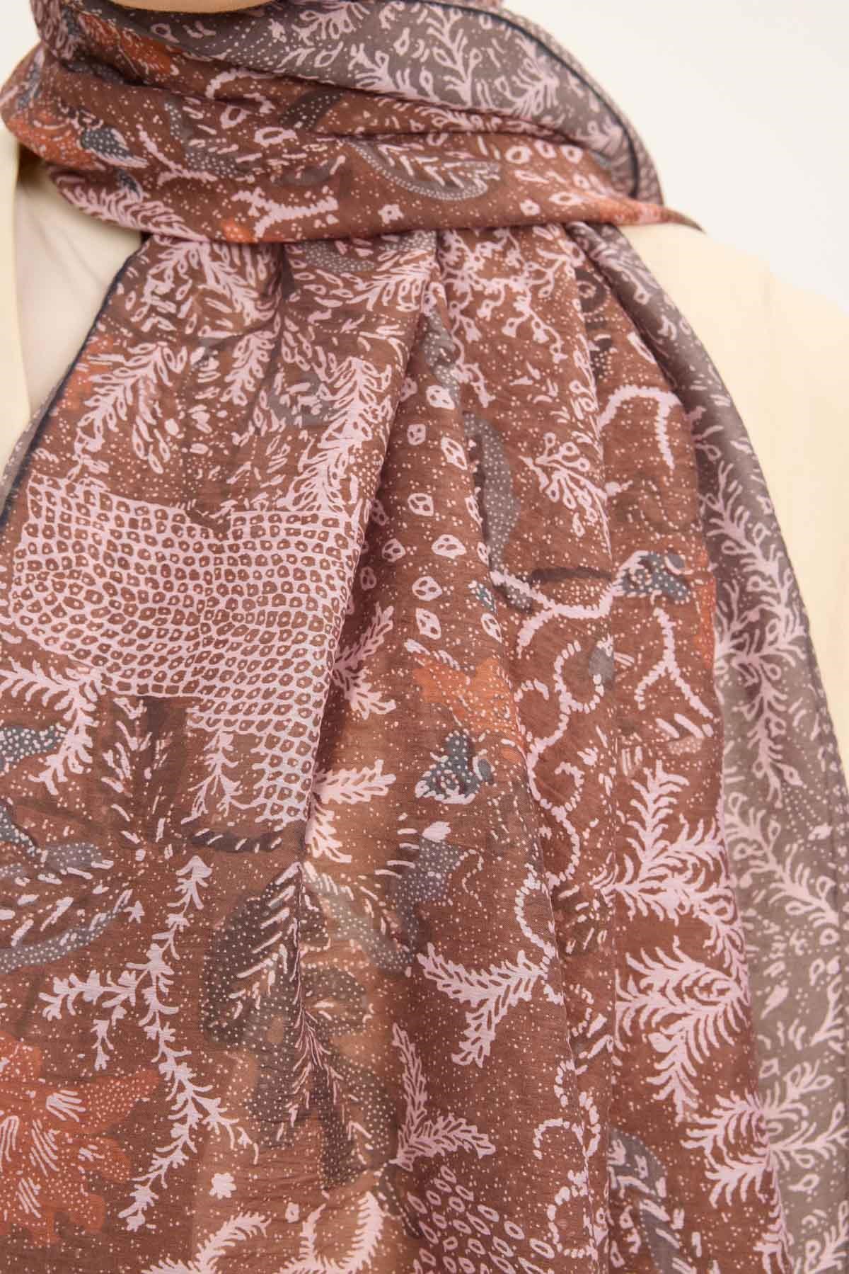 Tencel Monare Şal Mocha Mouse Vintage Botanik Desen 75x195