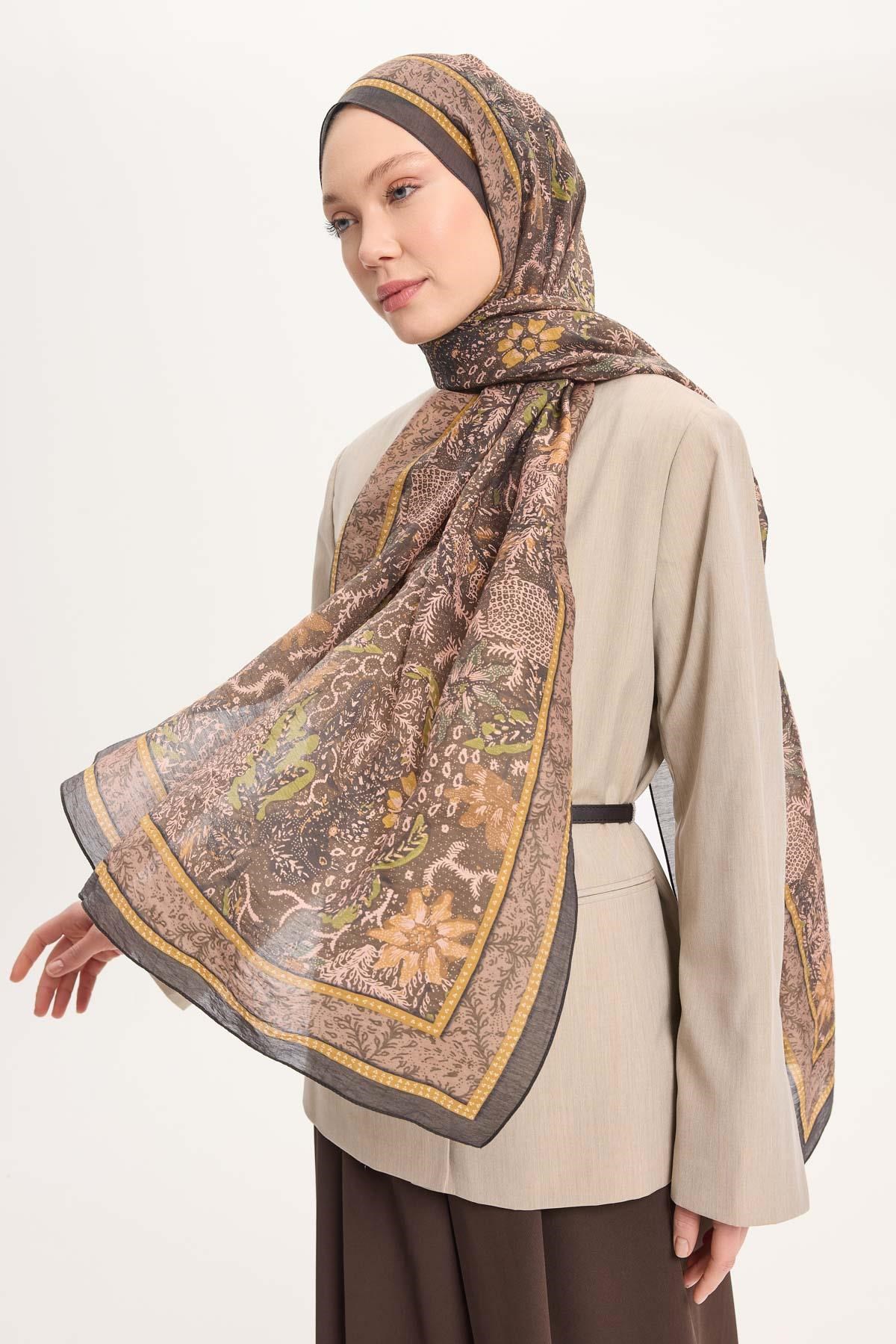 Tencel Monare Şal Haki Vintage Botanik Desen 75x195