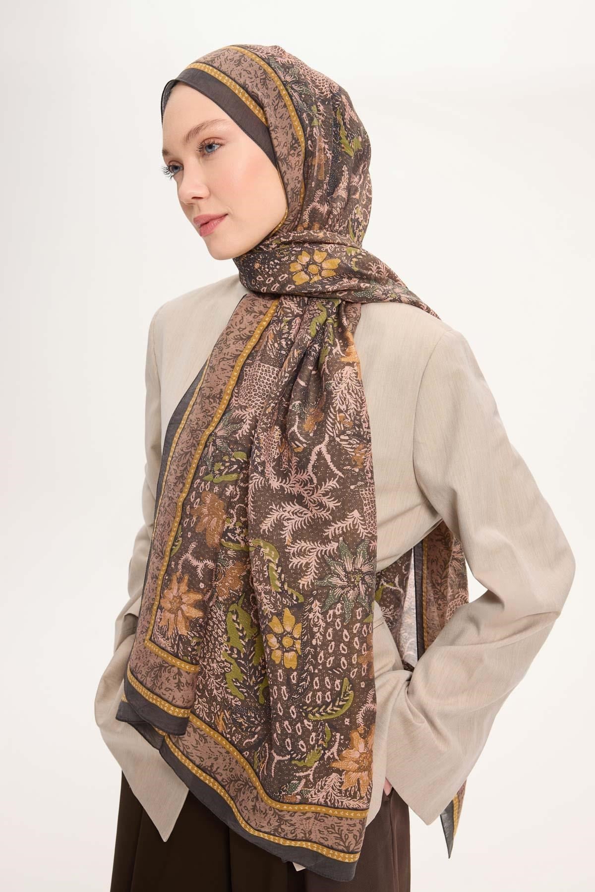 Tencel Monare Şal Haki Vintage Botanik Desen 75x195