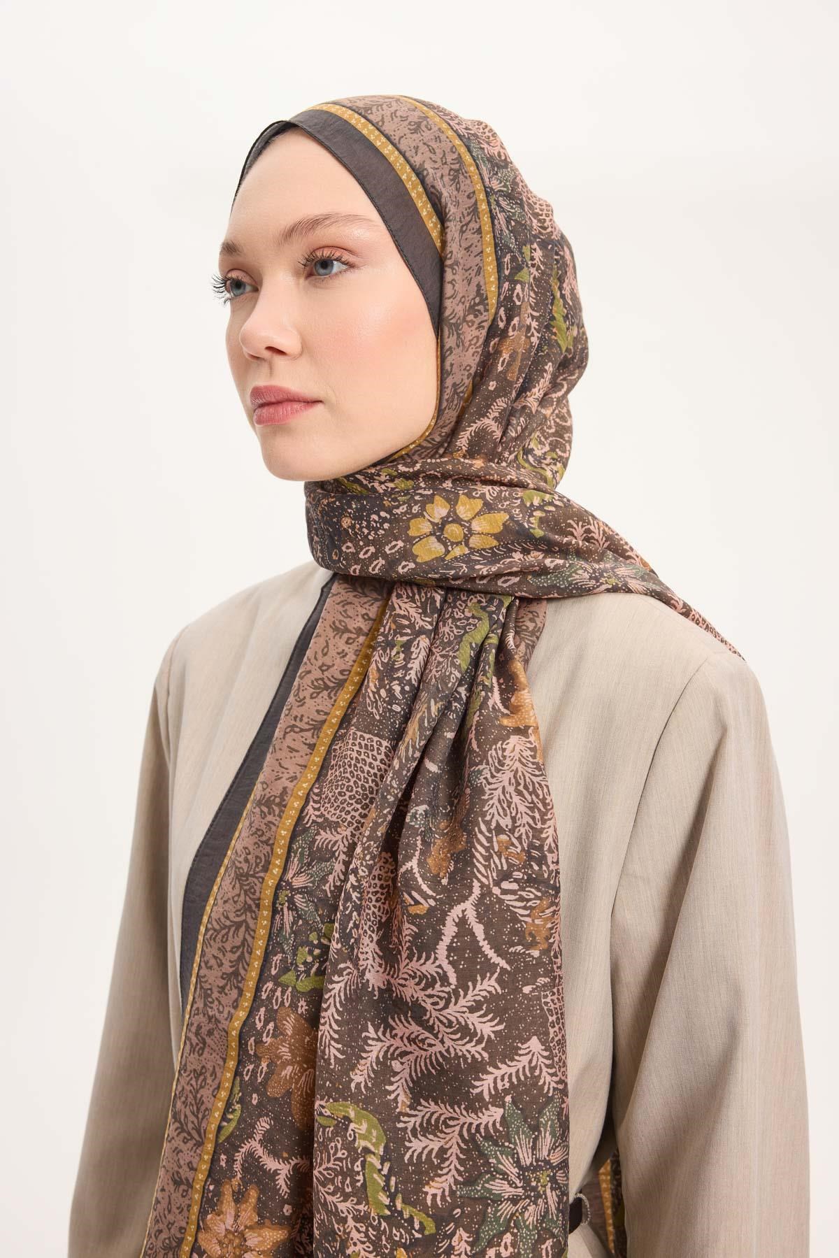 Tencel Monare Şal Haki Vintage Botanik Desen 75x195