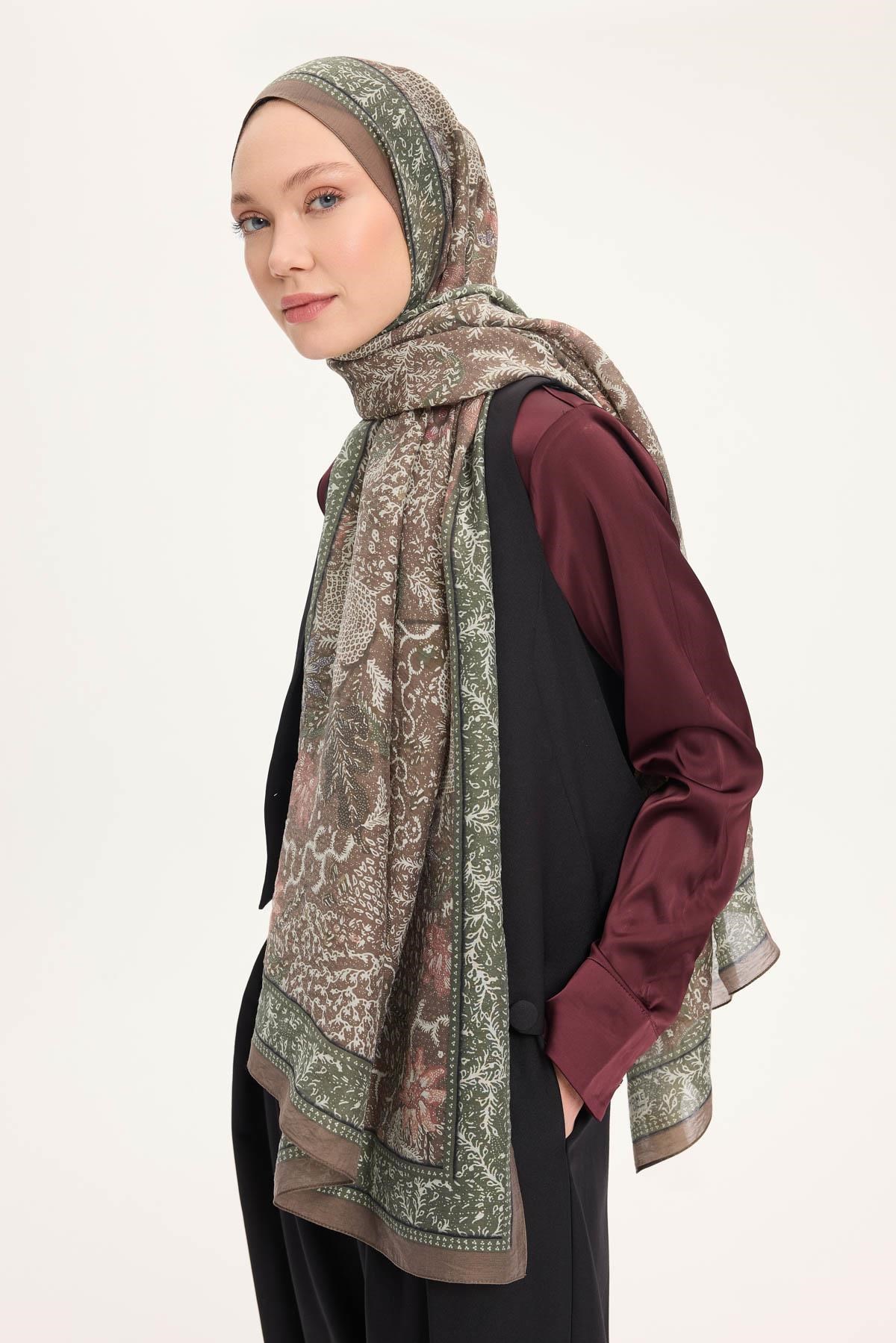 Tencel Monare Şal Koyu Vizon Vintage Botanik Desen 75x195