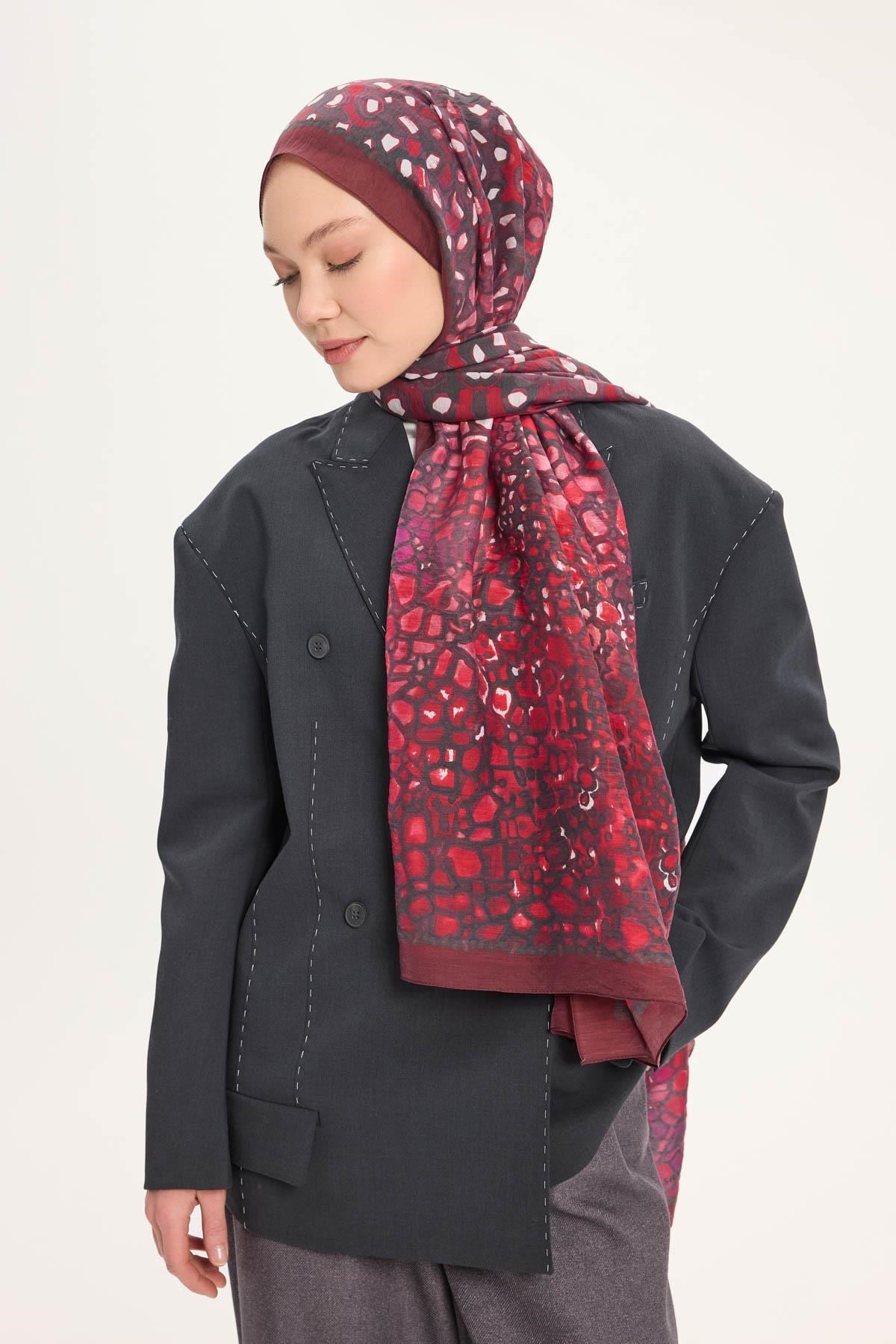 Tencel Monare Şal Koyu Bordo Taş Desen 75x195