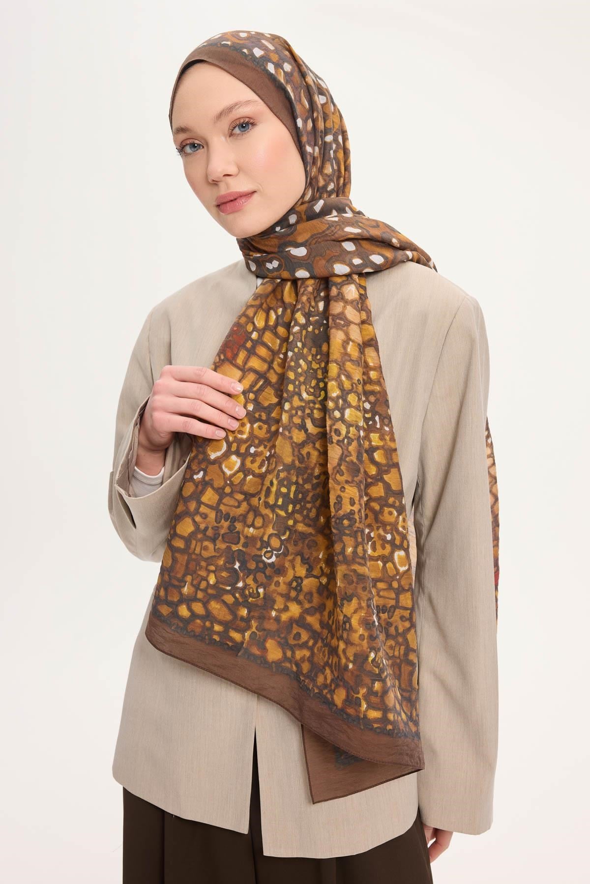 Tencel Monare Şal Kahve Taş Desen 75x195