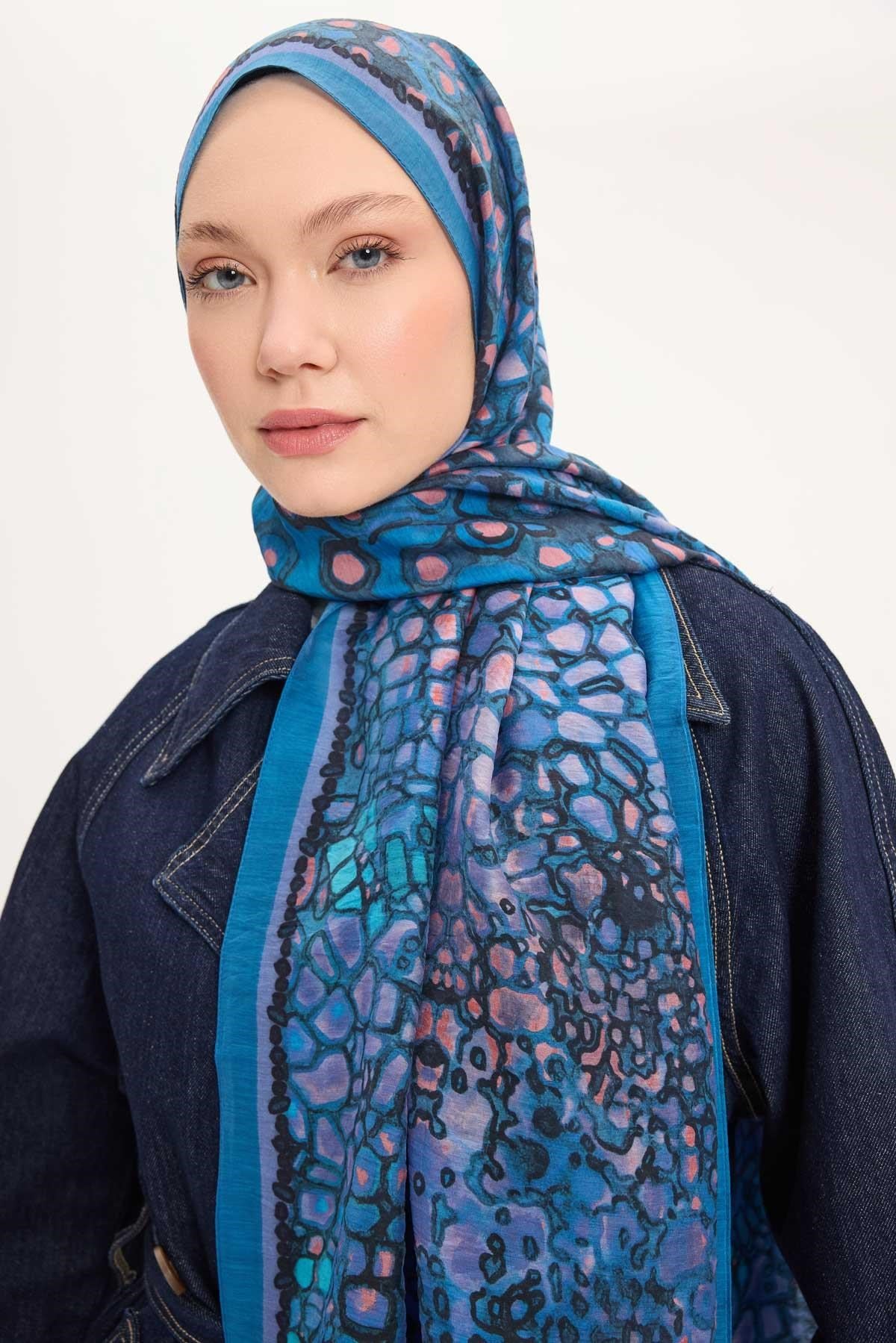 Tencel Monare Şal Mavi Taş Desen 75x195