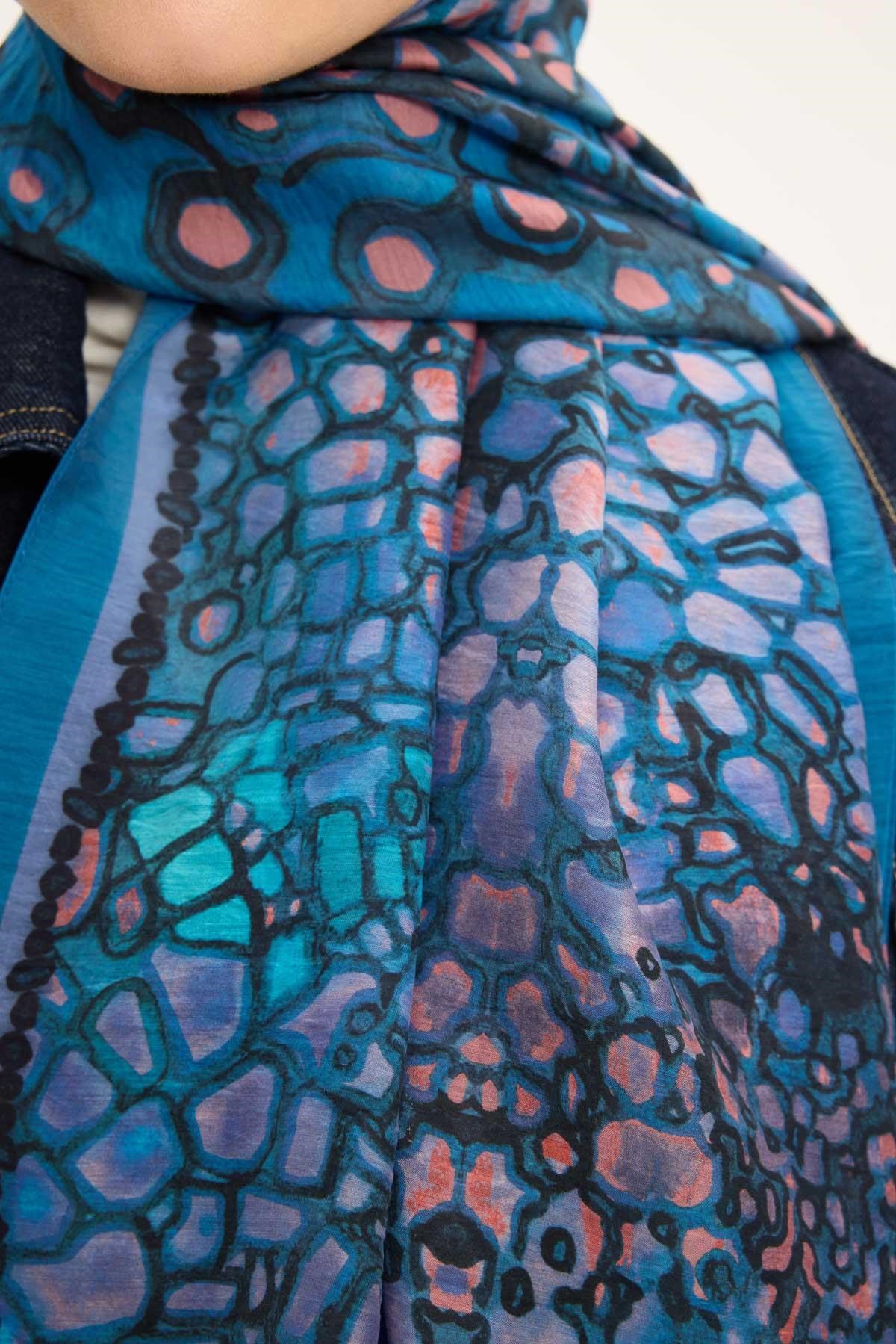 Tencel Monare Şal Mavi Taş Desen 75x195