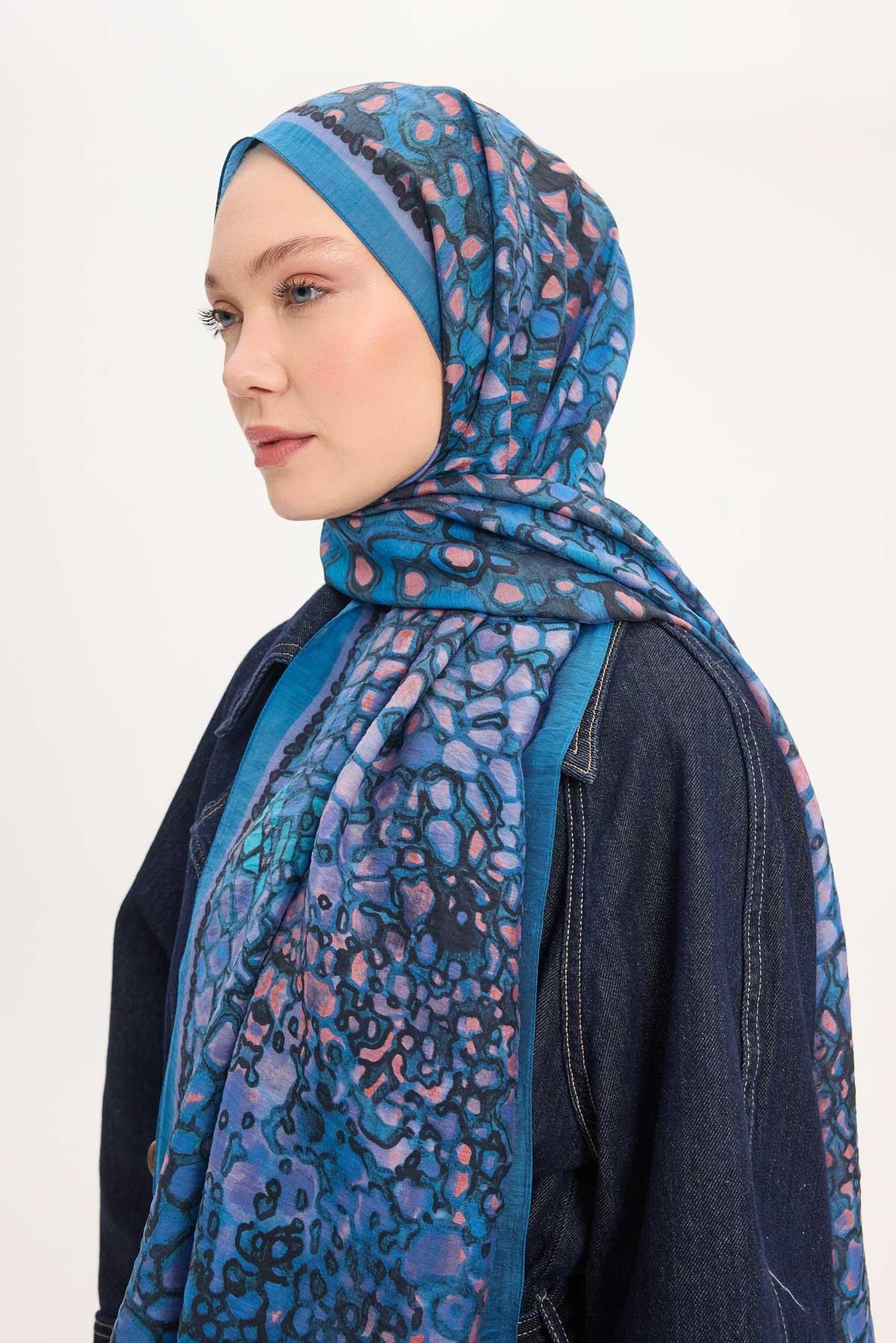 Tencel Monare Şal Mavi Taş Desen 75x195