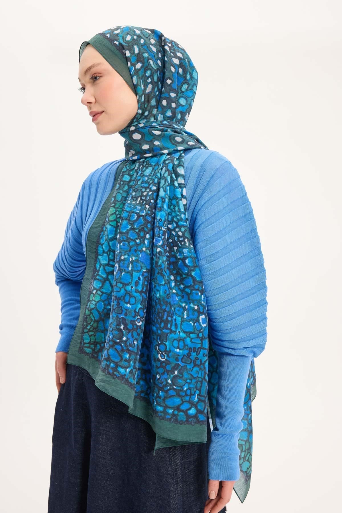 Tencel Monare Şal Yeşil Taş Desen 75x195