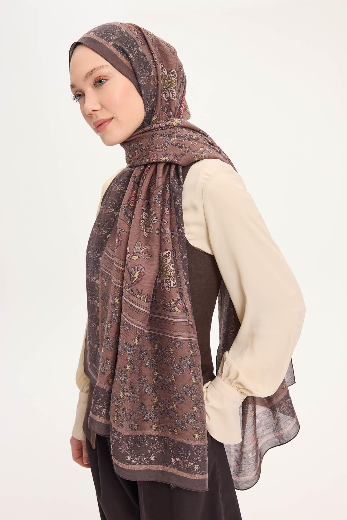 Tencel Monare Şal Acı Kahve Çiçek Desen 75x195