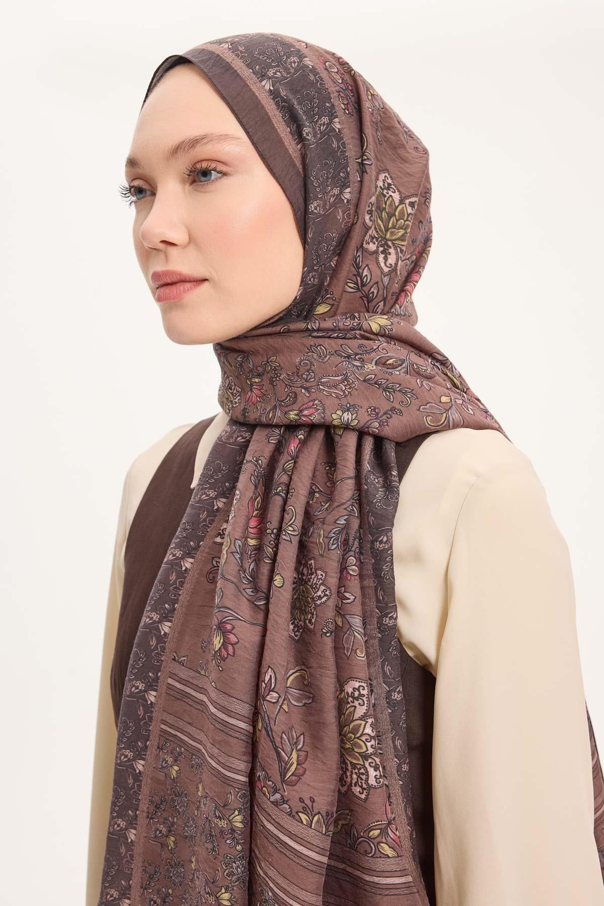 Tencel Monare Şal Acı Kahve Çiçek Desen 75x195