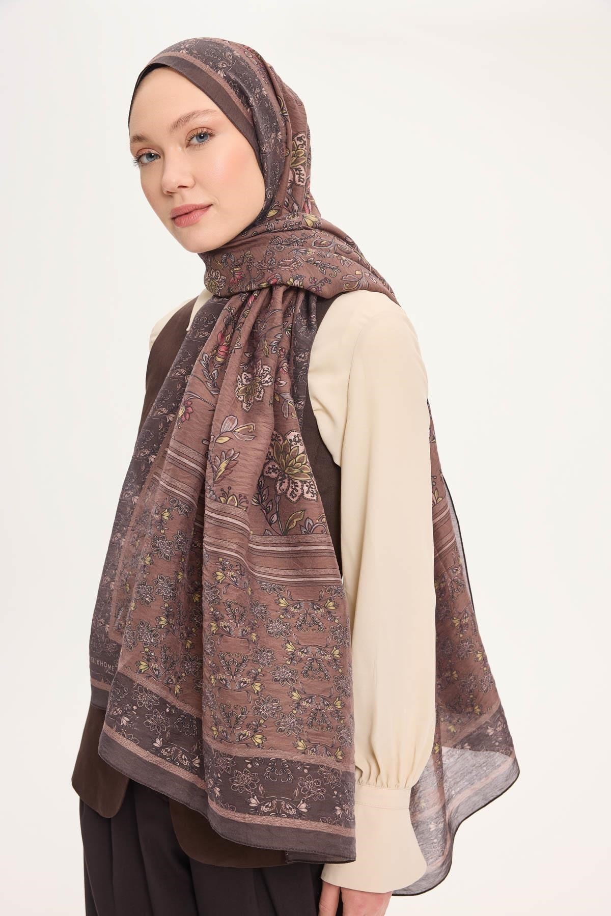 Tencel Monare Şal Acı Kahve Çiçek Desen 75x195