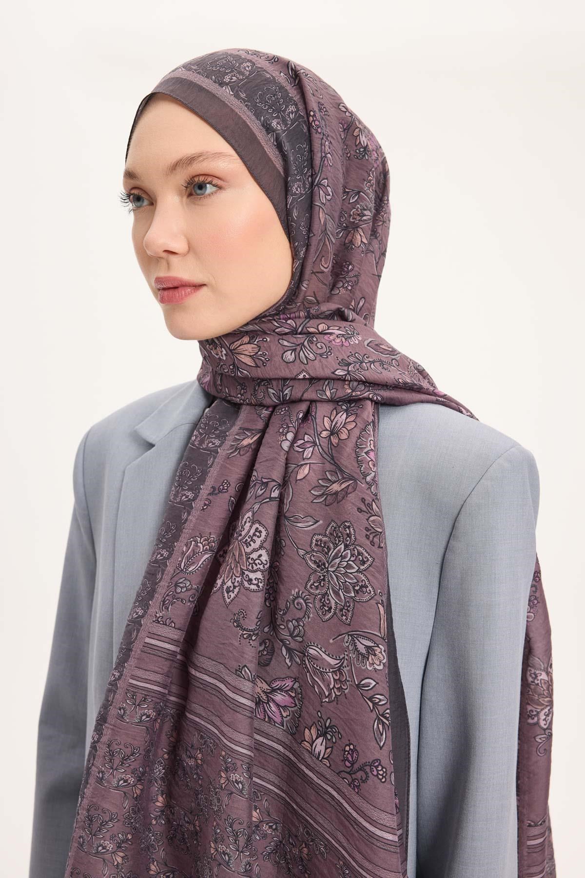 Tencel Monare Şal Antrasit Mor Çiçek Desen 75x195