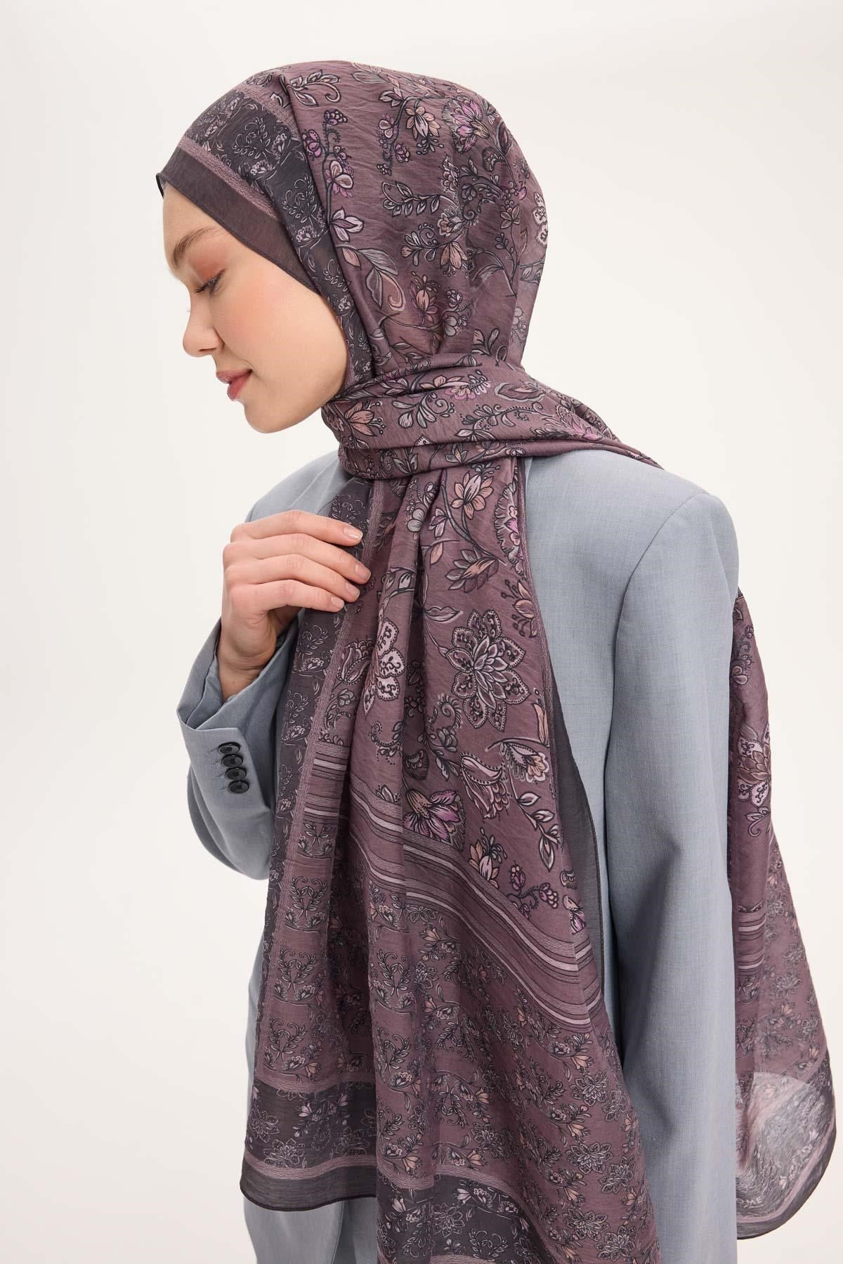 Tencel Monare Şal Antrasit Mor Çiçek Desen 75x195