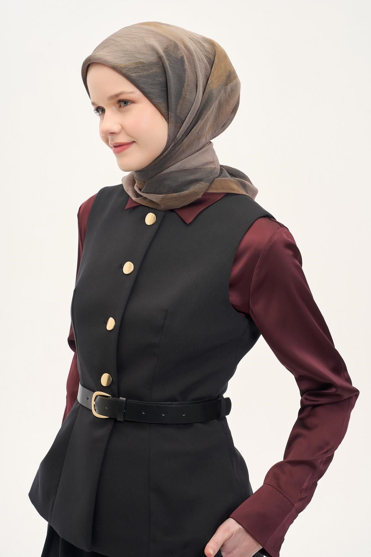 Olinda İpek Karışımlı Eşarp Soyut Desen Açık Kahverengi 90x90
