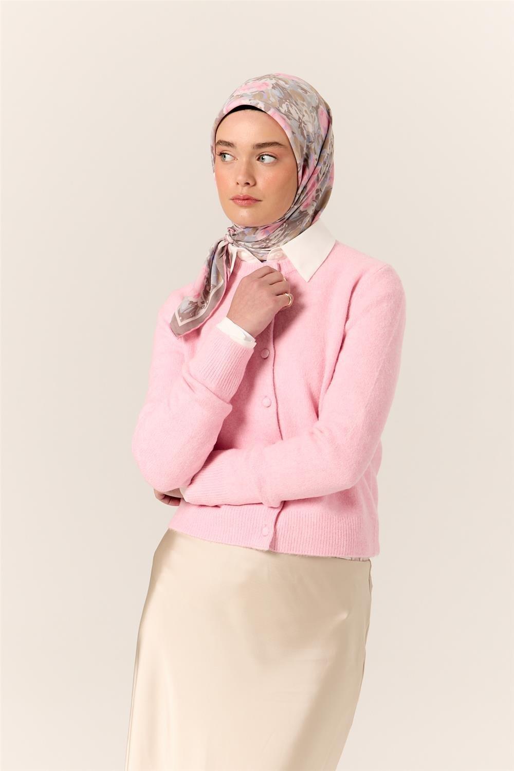 Organik Pamuk İpek Eşarp Pembe Lila Desenli Tok Duruşlu 90x90