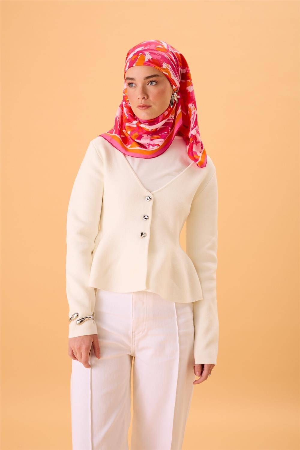 Organik Pamuk İpek Eşarp Pembe-Fuşya-Turuncu Desenli Kaymaz Tok Duruşlu 90x90