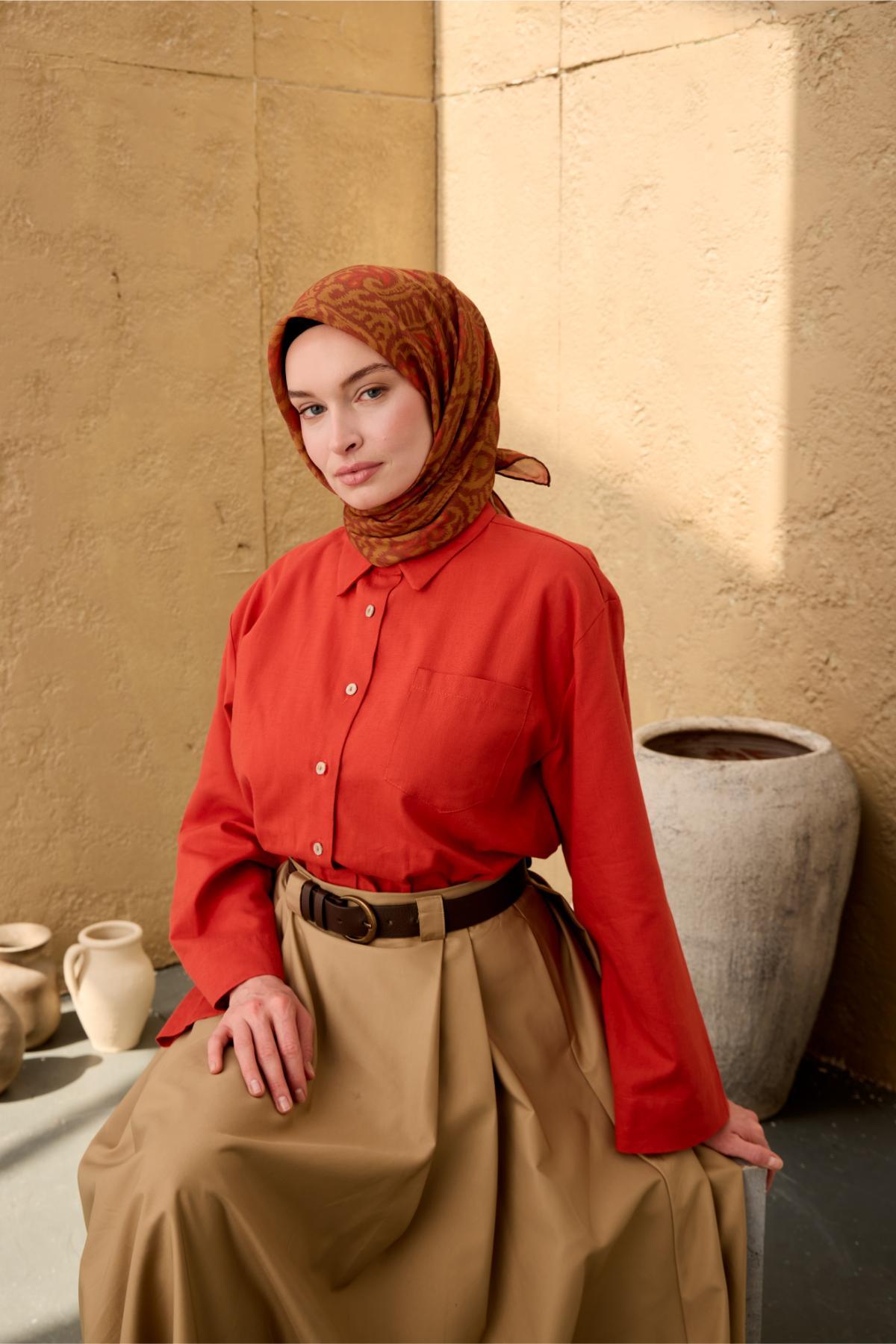 İnce Pamuk Soft Eşarp Olive-Kiremit-Oksit Kahve Desenli Nefes Alan Tok Duruşlu 90x90