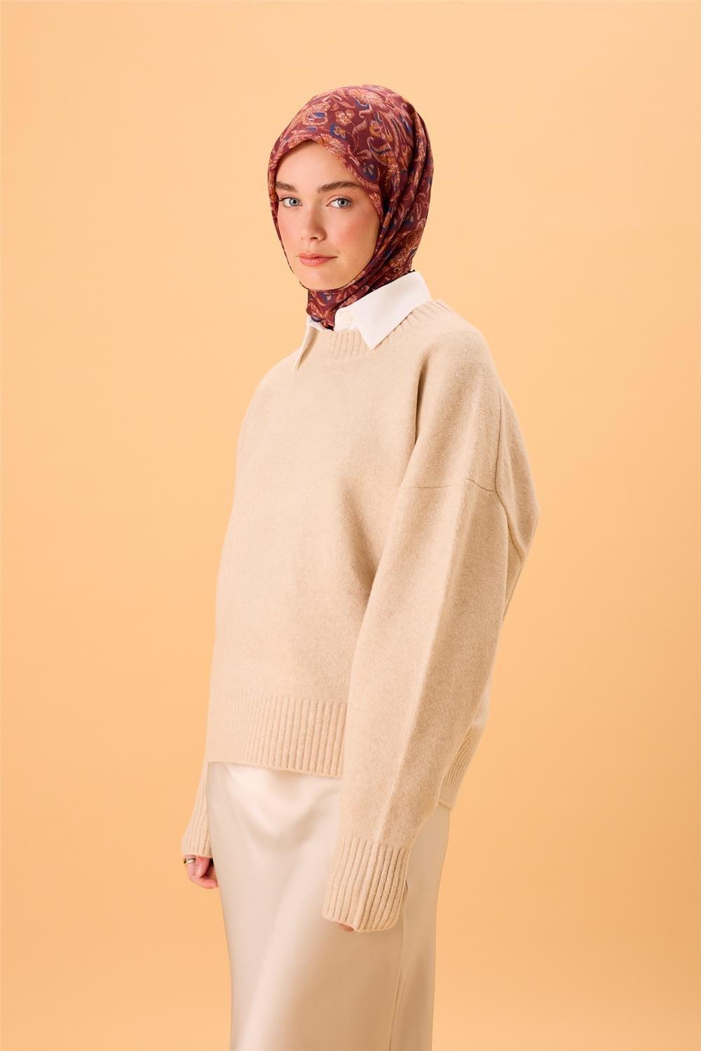İnce Pamuk Soft Eşarp Kiremit-Bordo Desenli Kaymaz Dokulu Tok Duruşlu 90x90