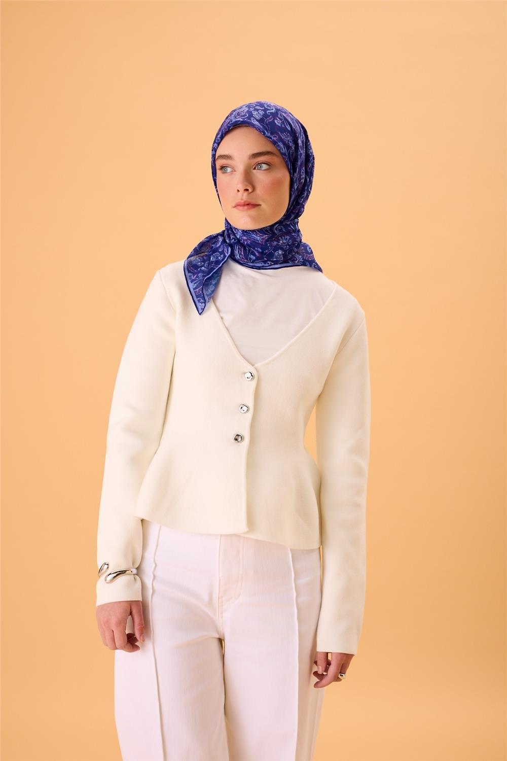 İnce Pamuk Soft Eşarp Morcivert-Lila Desenli Tok Duruşlu 90x90