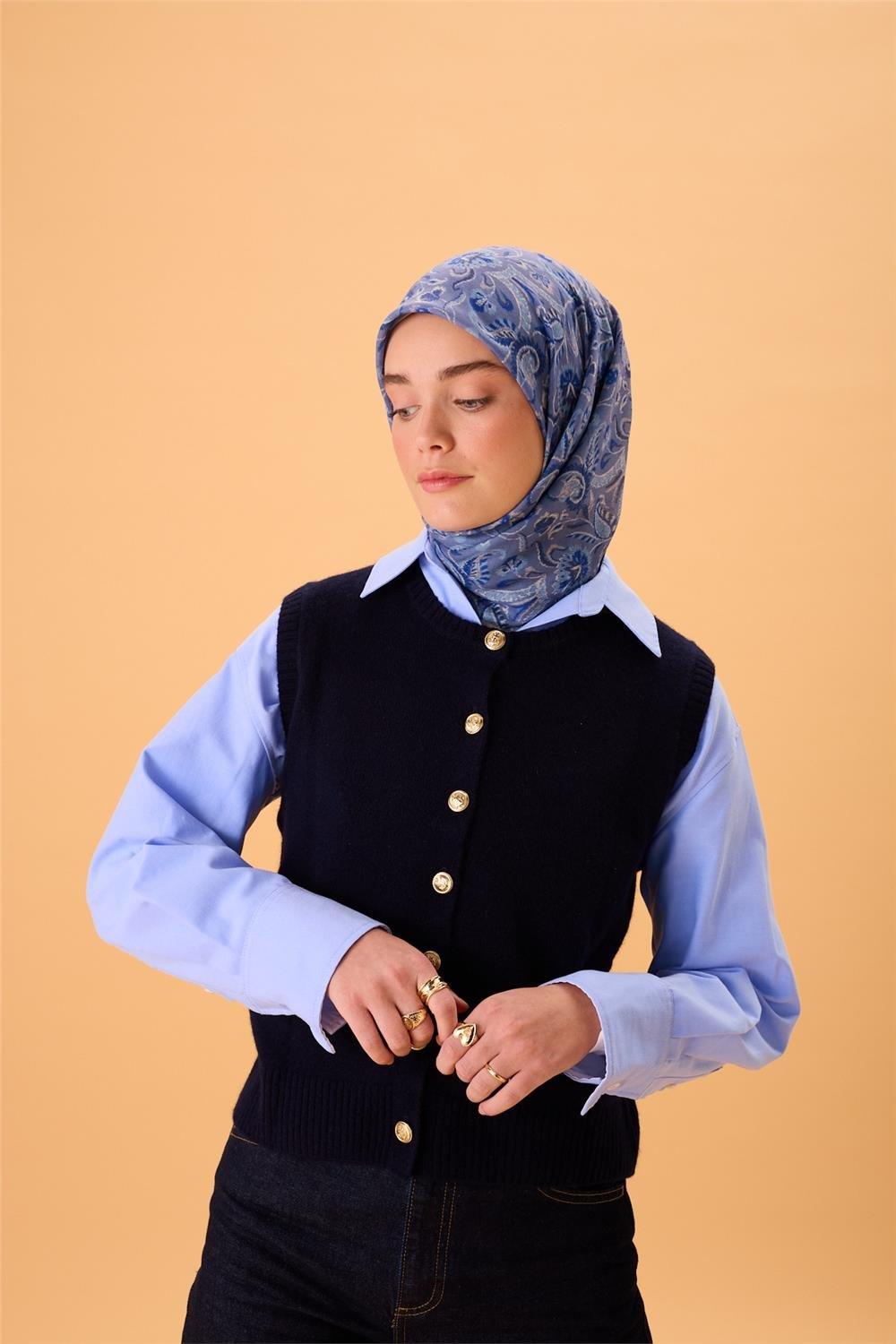 İnce Pamuk Soft Eşarp Saks-İndigo Desenli Tok Duruşlu 90x90