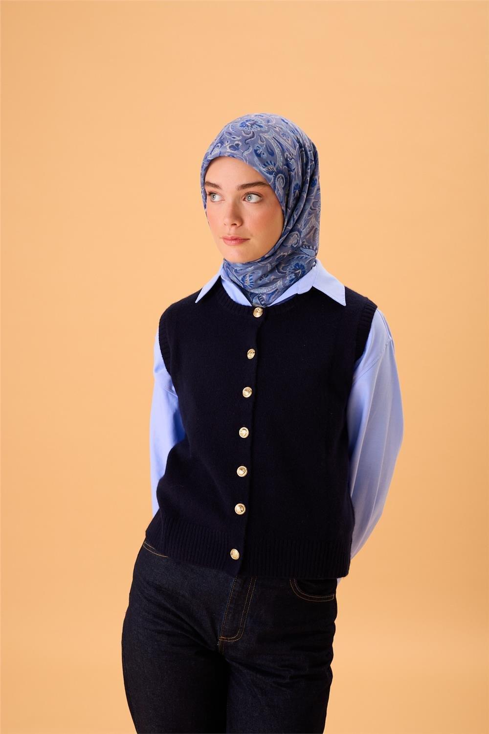 İnce Pamuk Soft Eşarp Saks-İndigo Desenli Tok Duruşlu 90x90