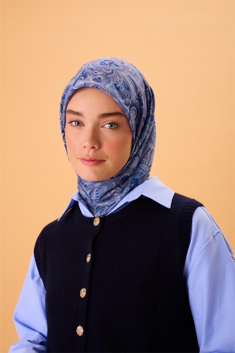 İnce Pamuk Soft Eşarp Saks-İndigo Desenli Tok Duruşlu 90x90