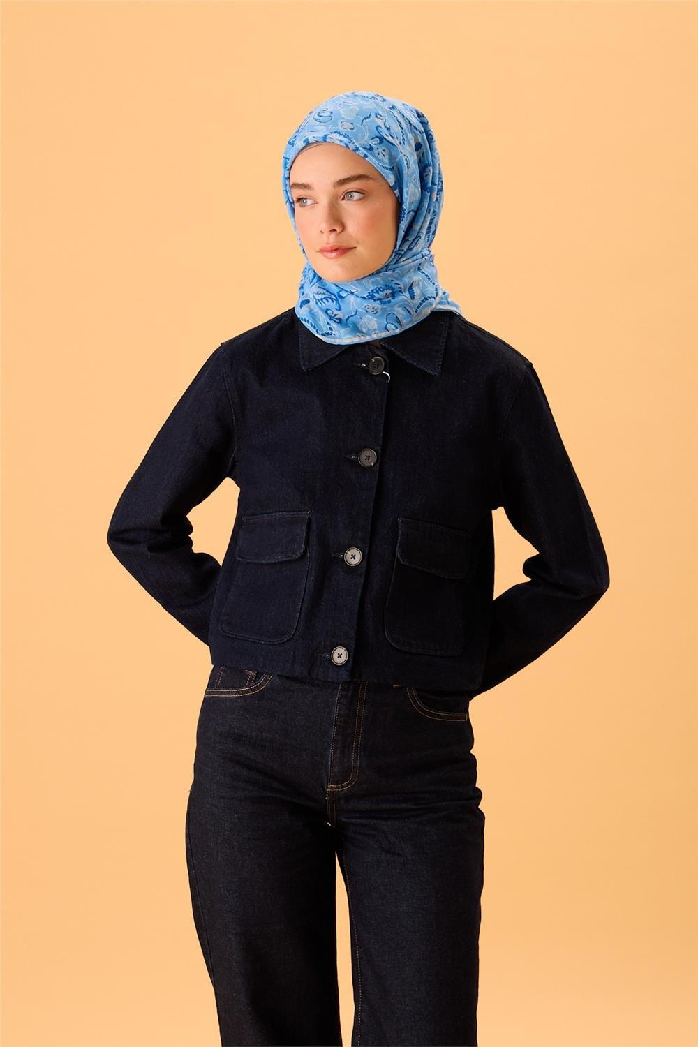 İnce Pamuk Soft Eşarp Gök Mavi-Saks Desenli Tok Duruşlu 90x90