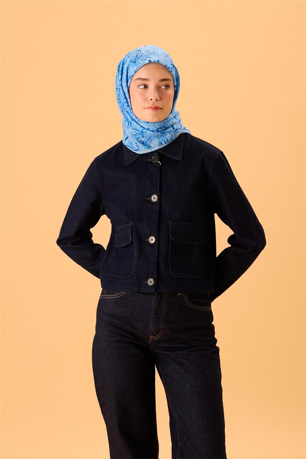 İnce Pamuk Soft Eşarp Gök Mavi-Saks Desenli Tok Duruşlu 90x90