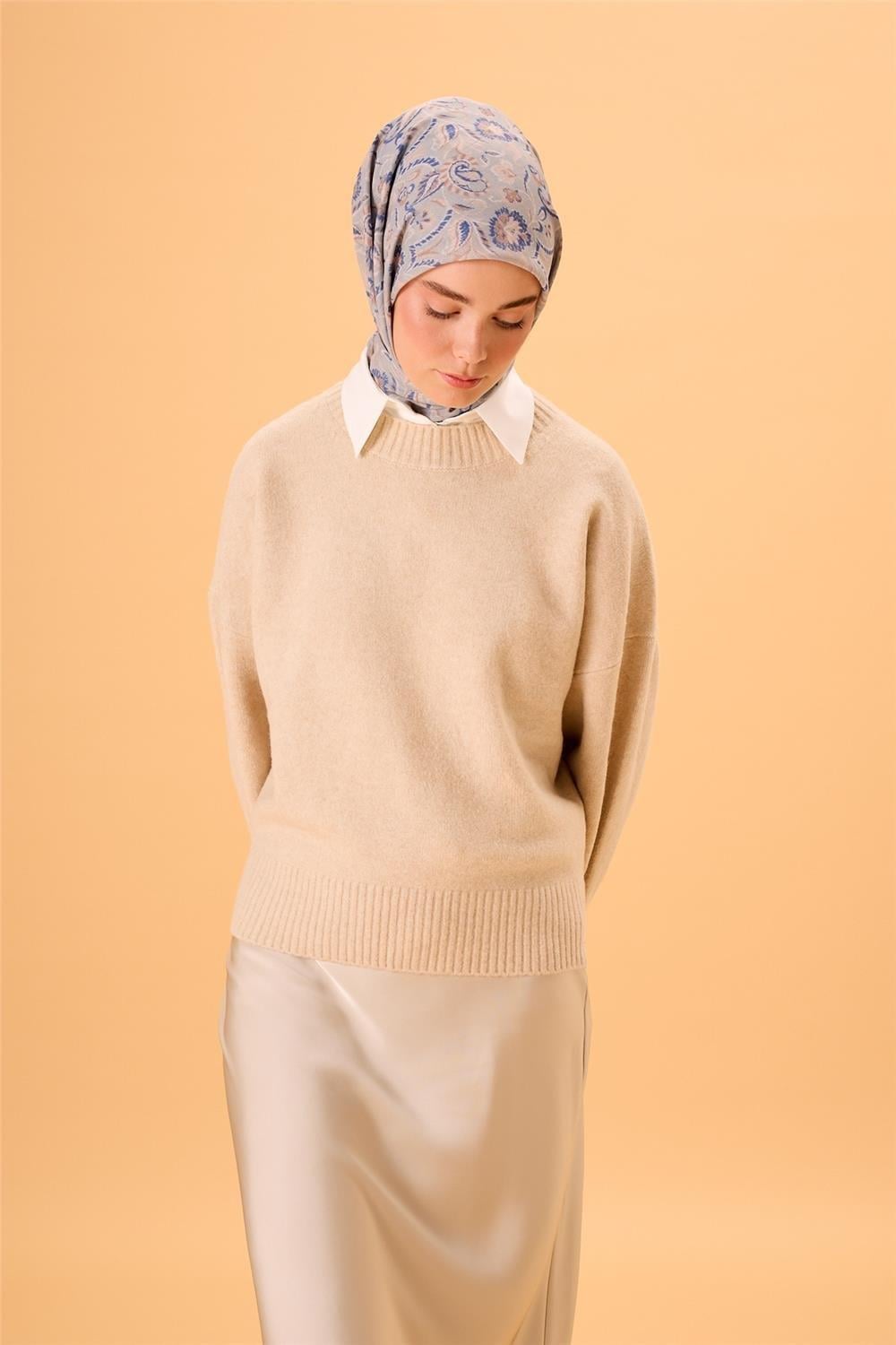 İnce Pamuk Soft Eşarp Çağla-İndigo Desenli Tok Duruşlu 90x90