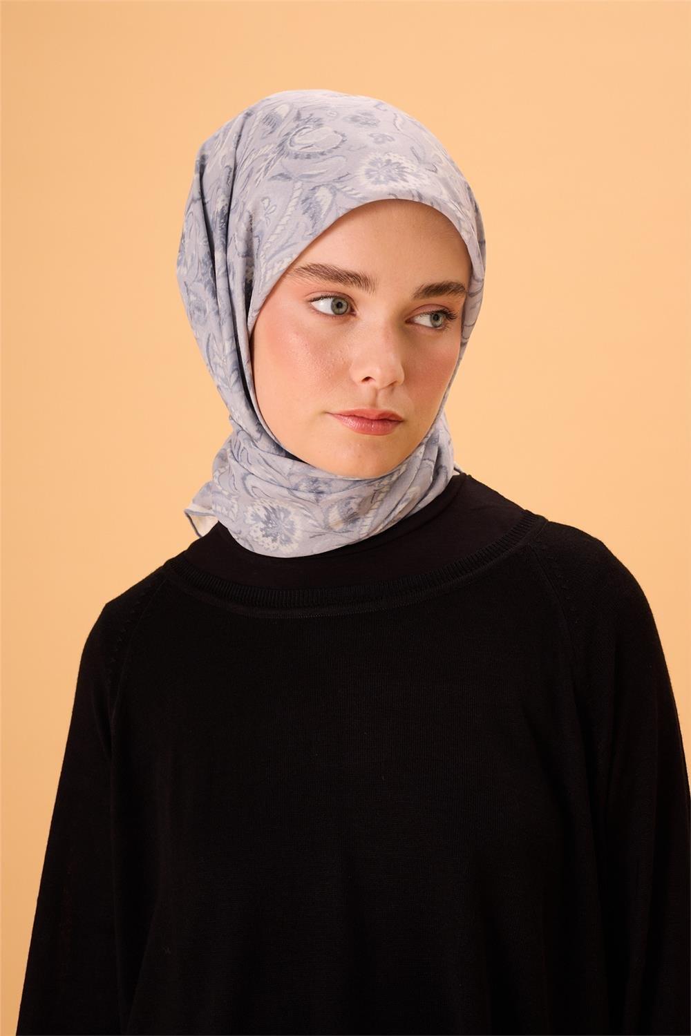 İnce Pamuk Soft Eşarp Gümüş-Antrasit Desenli Tok Duruşlu 90x90