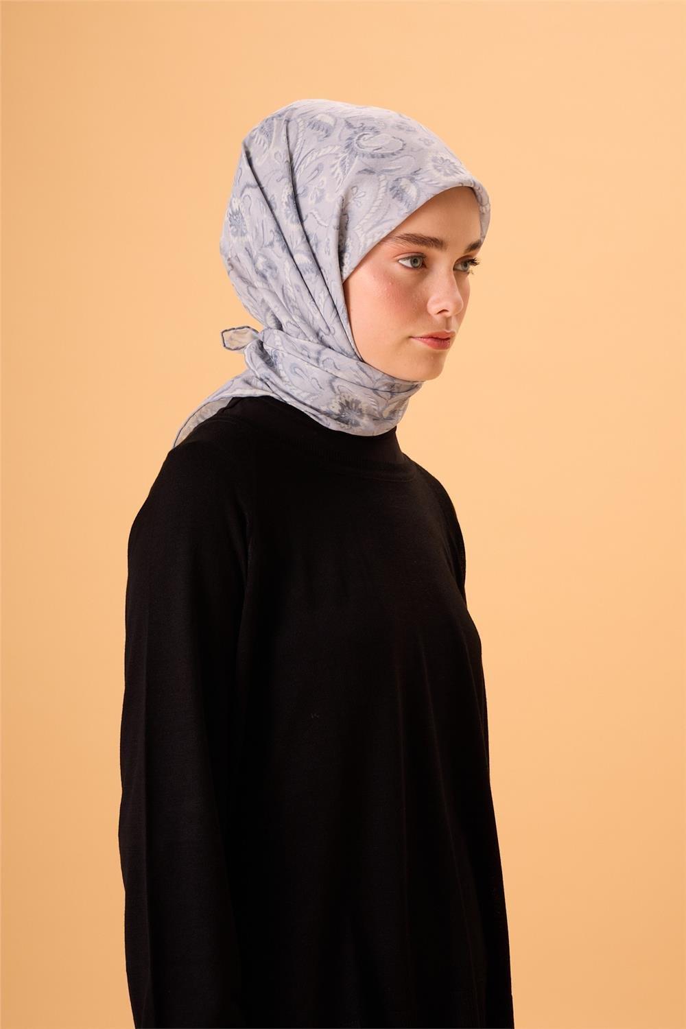 İnce Pamuk Soft Eşarp Gümüş-Antrasit Desenli Tok Duruşlu 90x90