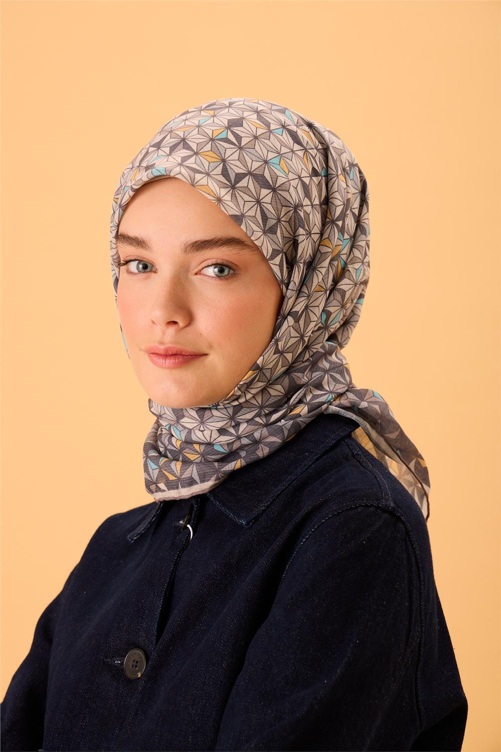 İnce Pamuk Soft Eşarp Antrasit Sarı Mavi Krem Vizon Desenli Kaymaz Dokulu Tok Duruşlu 90x90