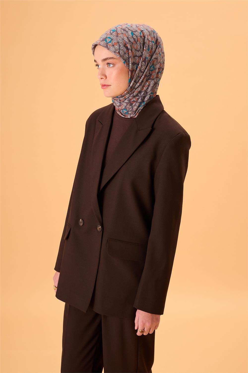 İnce Pamuk Soft Eşarp Turuncu Koyu Vizon Mavi Vizon Desenli Kaymaz Dokulu Tok Duruşlu 90x90