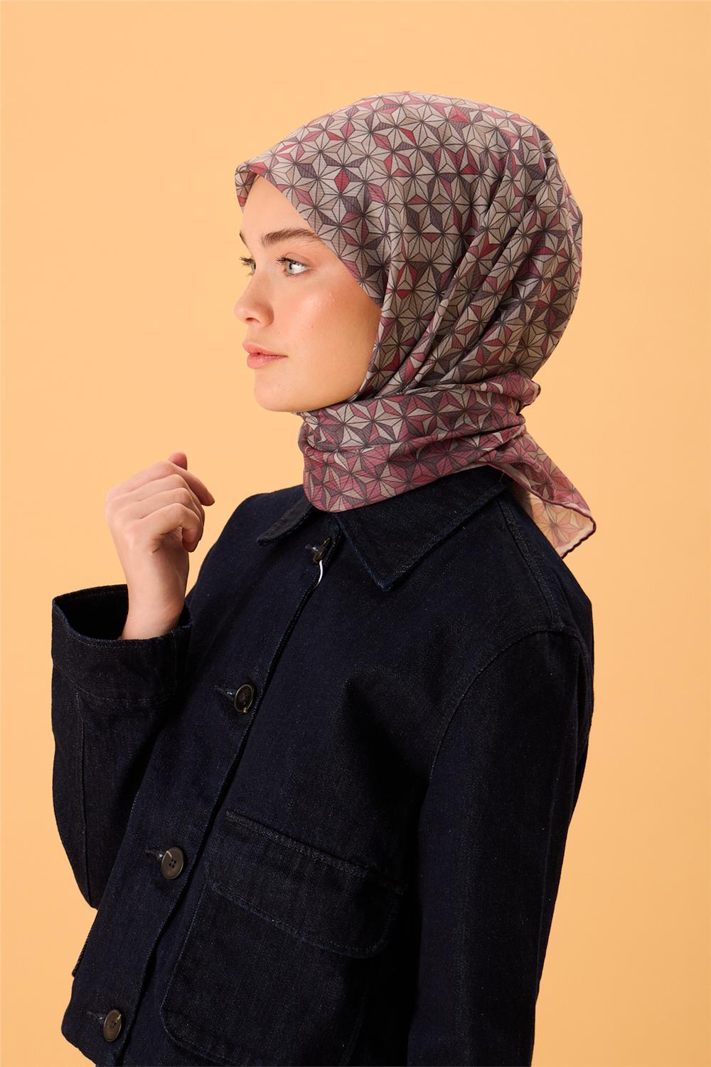 İnce Pamuk Soft Eşarp Gül Kurusu Bordo Koyu Vizon Desenli Kaymaz Dokulu Tok Duruşlu 90x90