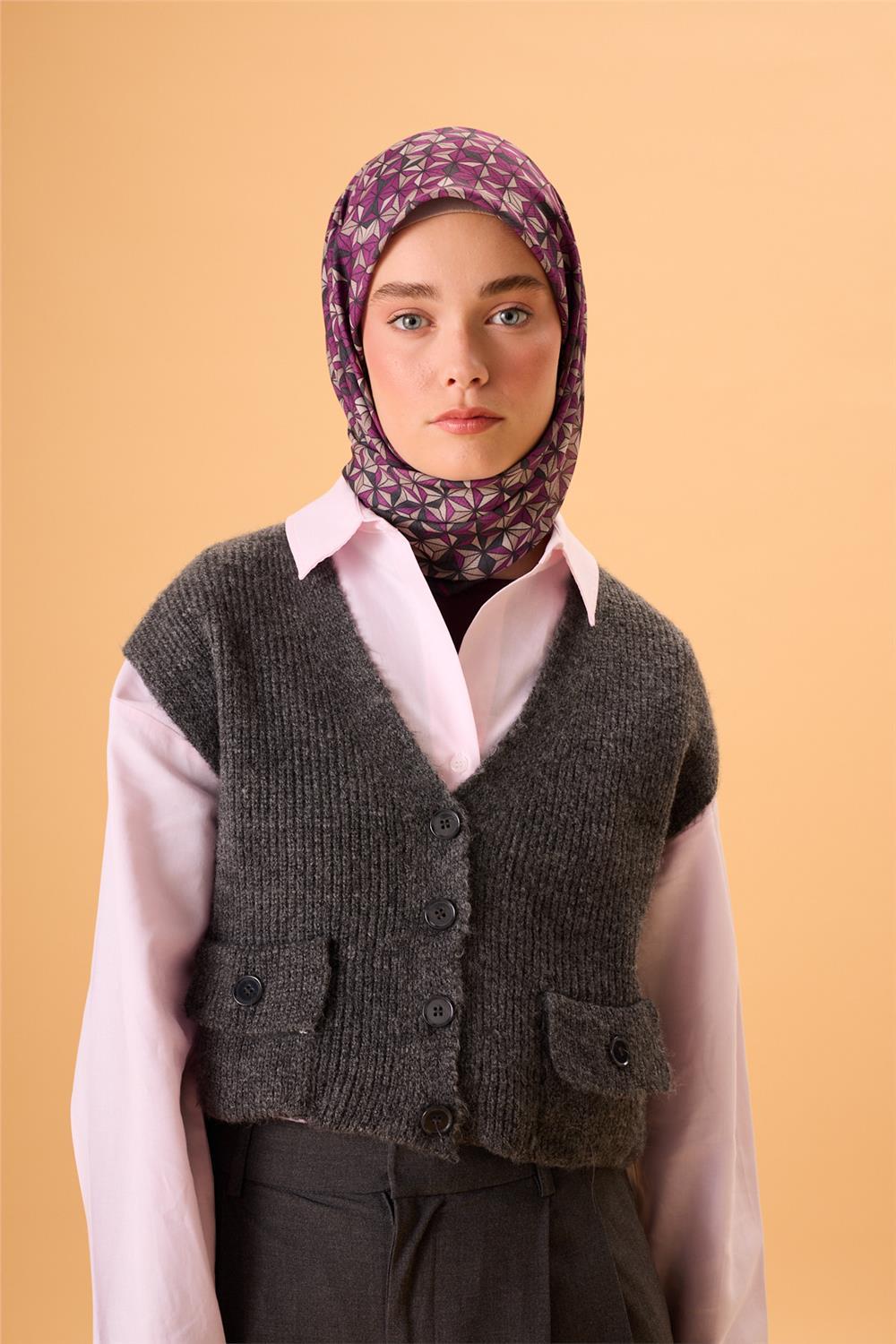 İnce Pamuk Soft Eşarp Antrasit Violet Bej Krem Desenli Kaymaz Dokulu Tok Duruşlu 90x90