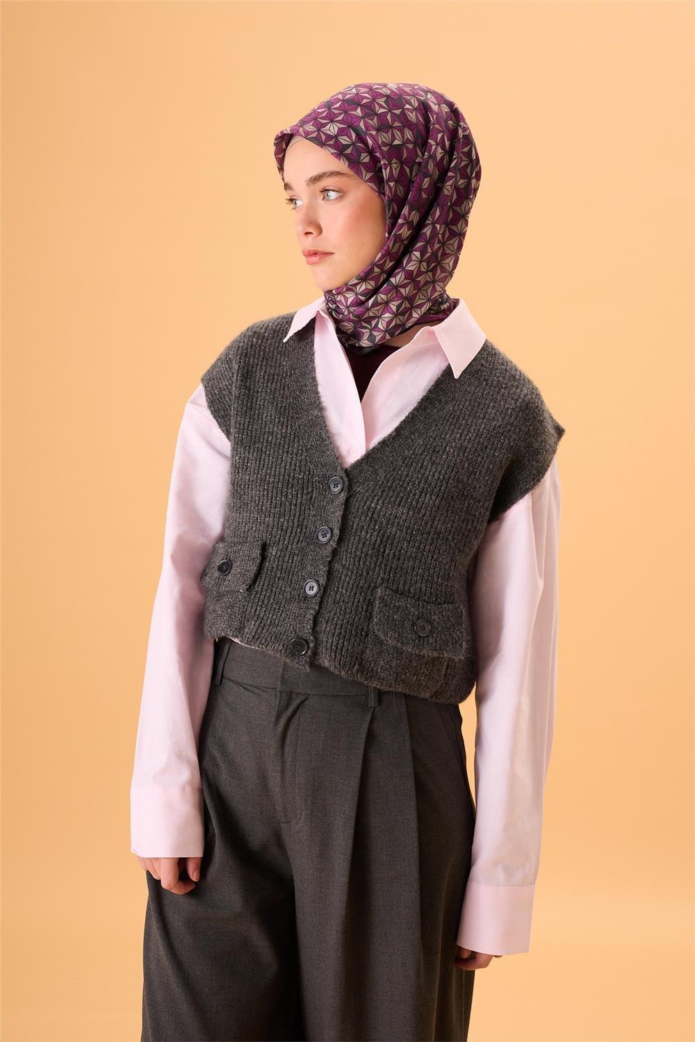 İnce Pamuk Soft Eşarp Antrasit Violet Bej Krem Desenli Kaymaz Dokulu Tok Duruşlu 90x90