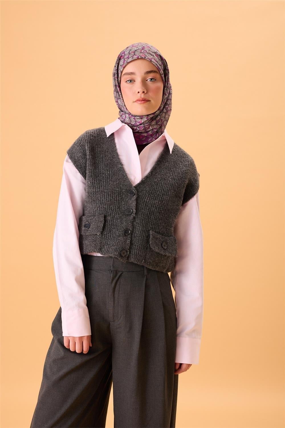 İnce Pamuk Soft Eşarp Violet Koyu Vizon Krem Pembe Desenli Kaymaz Dokulu Tok Duruşlu 90x90