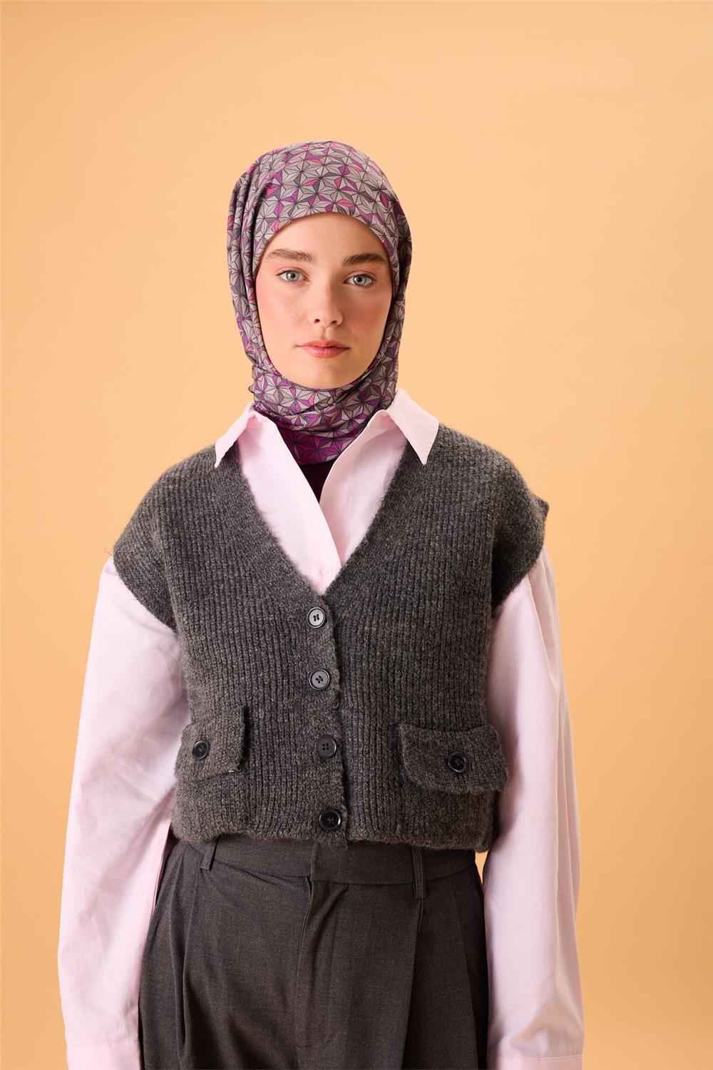 İnce Pamuk Soft Eşarp Violet Koyu Vizon Krem Pembe Desenli Kaymaz Dokulu Tok Duruşlu 90x90