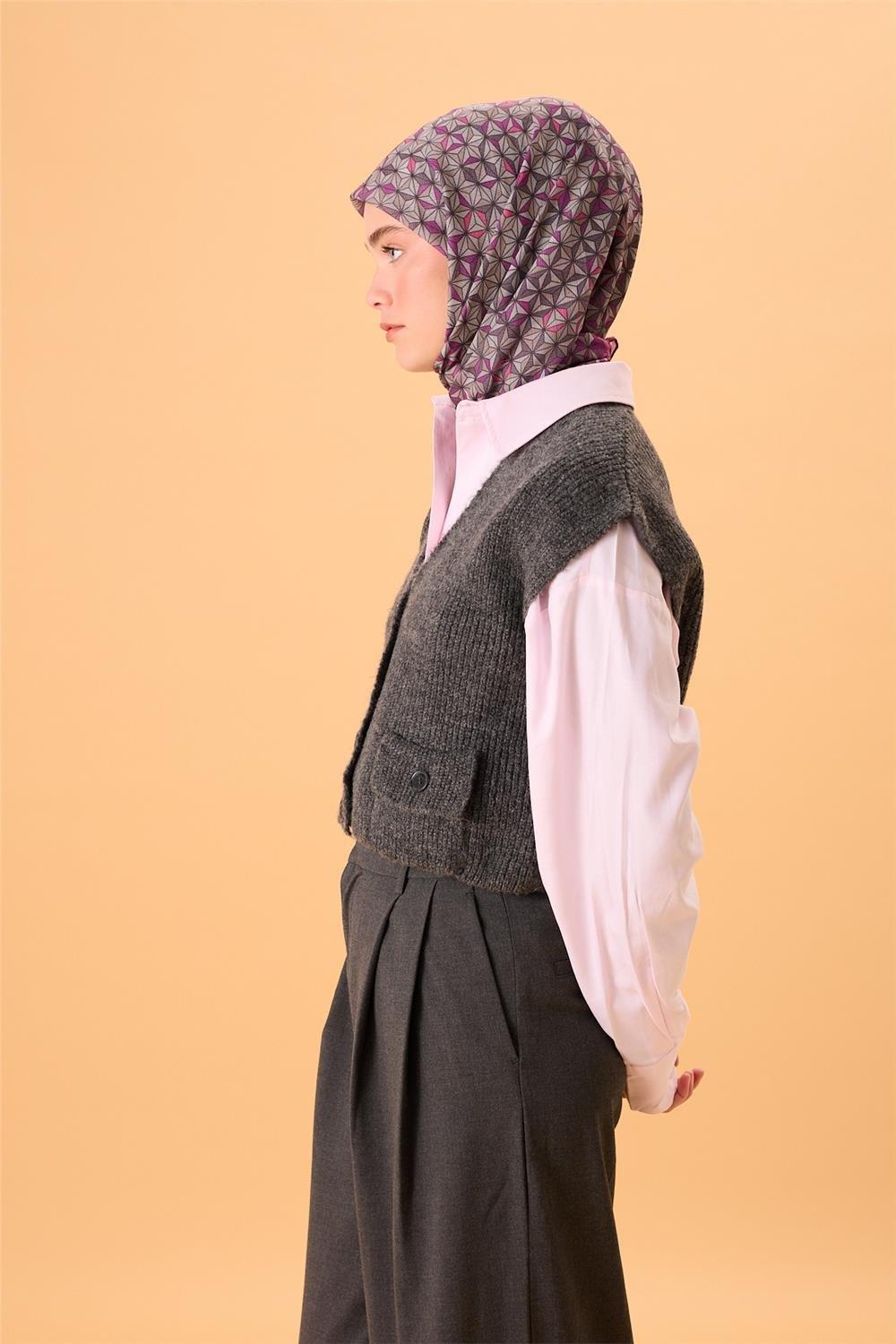 İnce Pamuk Soft Eşarp Violet Koyu Vizon Krem Pembe Desenli Kaymaz Dokulu Tok Duruşlu 90x90