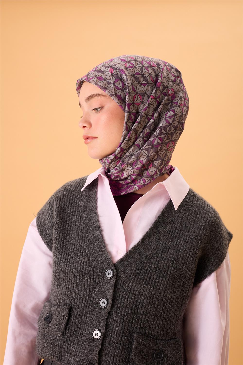 İnce Pamuk Soft Eşarp Violet Koyu Vizon Krem Pembe Desenli Kaymaz Dokulu Tok Duruşlu 90x90