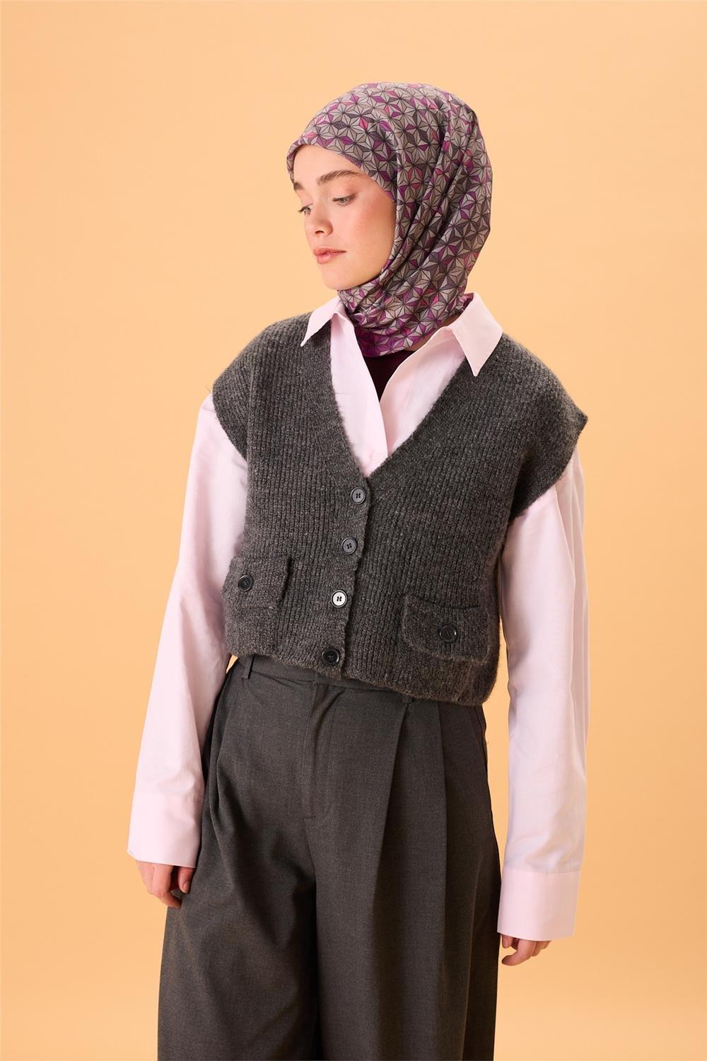 İnce Pamuk Soft Eşarp Violet Koyu Vizon Krem Pembe Desenli Kaymaz Dokulu Tok Duruşlu 90x90