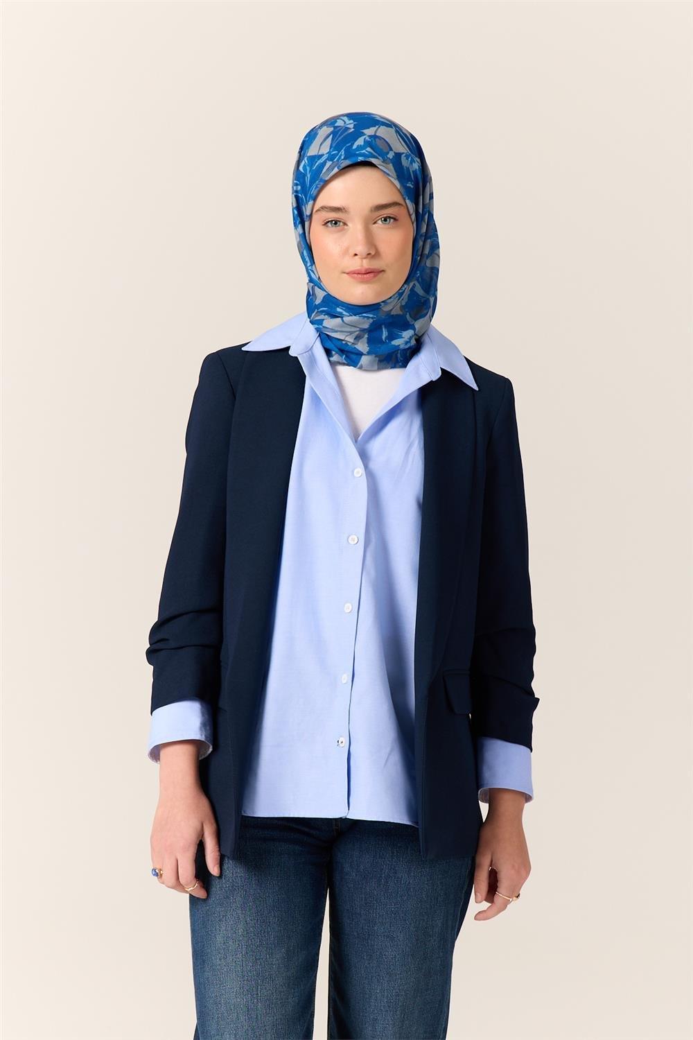 İnce Pamuk Soft Eşarp Saks-Gri Desenli Nefes Alan Tok Duruşlu 90x90