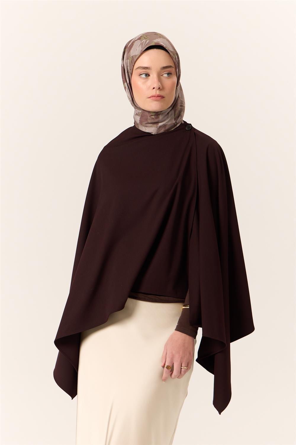 İnce Pamuk Eşarp Kahverengi-Yeşil Vizon Yaprak Desenli Tok Duruşlu 90x90