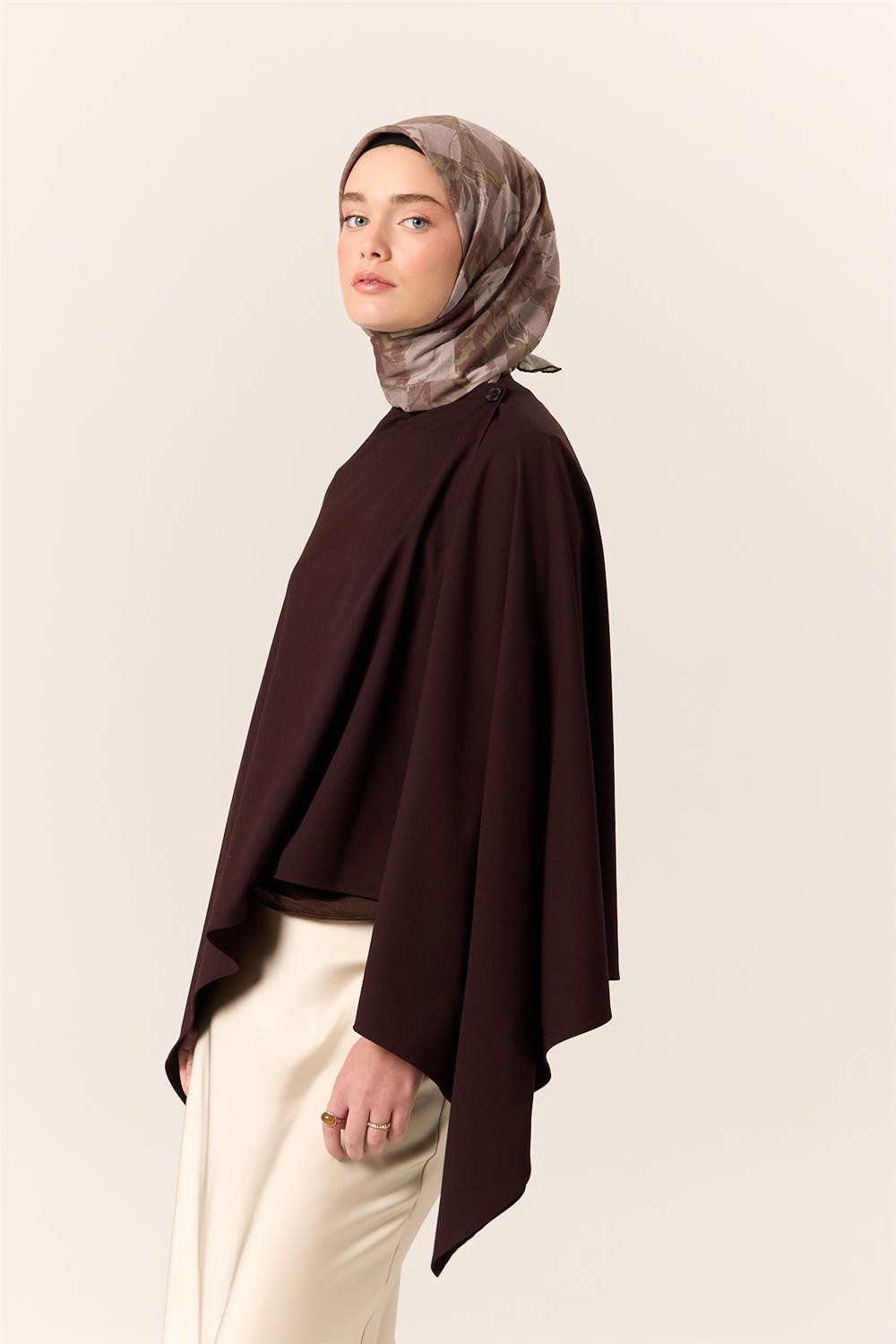 İnce Pamuk Eşarp Kahverengi-Yeşil Vizon Yaprak Desenli Tok Duruşlu 90x90