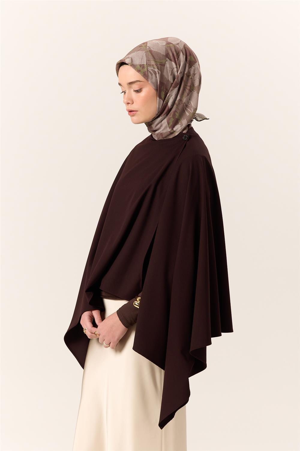 İnce Pamuk Eşarp Kahverengi-Yeşil Vizon Yaprak Desenli Tok Duruşlu 90x90