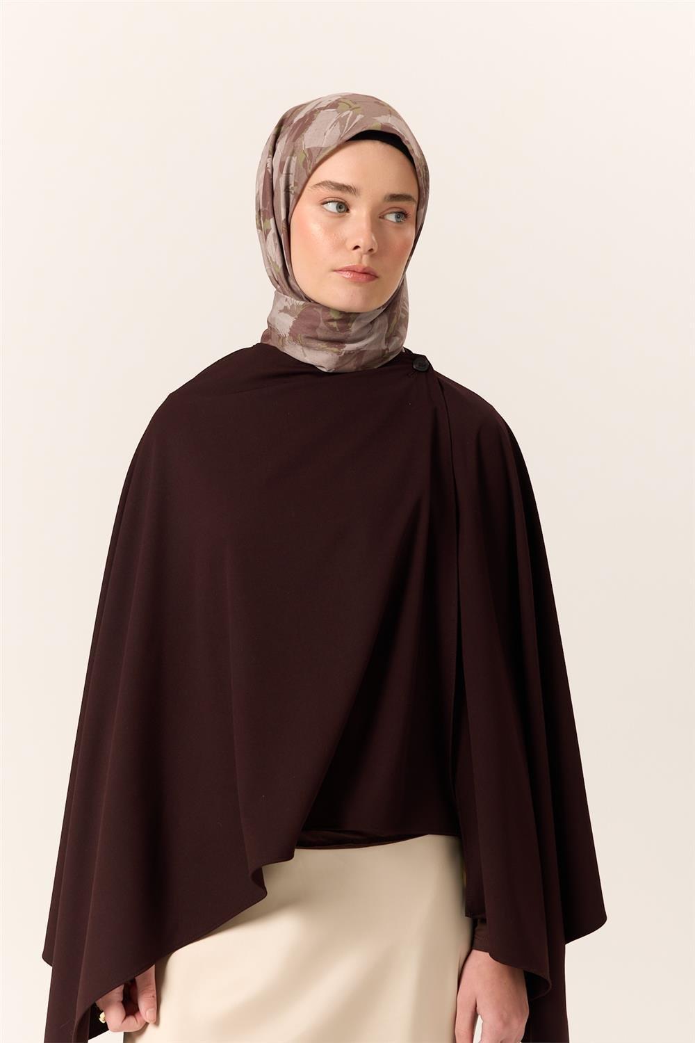 İnce Pamuk Eşarp Kahverengi-Yeşil Vizon Yaprak Desenli Tok Duruşlu 90x90