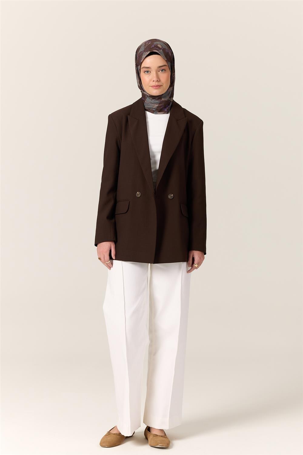 İnce Pamuk Soft Eşarp Acı Kahve-Eflatun Desenli Kaymaz Dokulu Tok Duruşlu 90x90