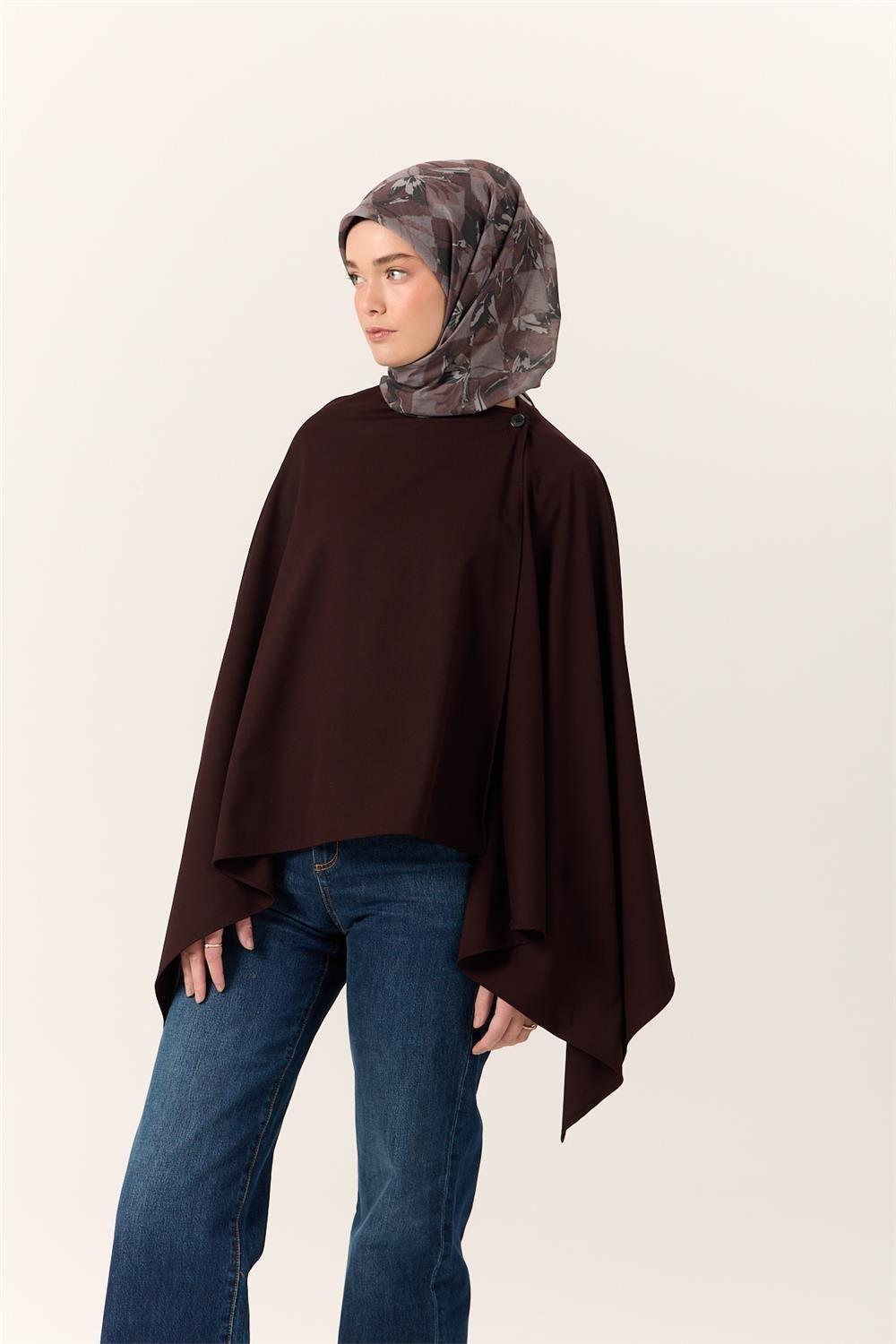 İnce Pamuk Soft Eşarp Kahverengi-Antrasit Desenli Kaymaz Dokulu Tok Duruşlu 90x90