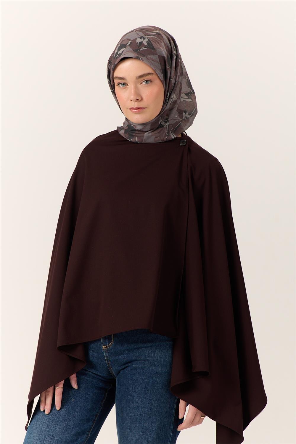 İnce Pamuk Soft Eşarp Kahverengi-Antrasit Desenli Kaymaz Dokulu Tok Duruşlu 90x90