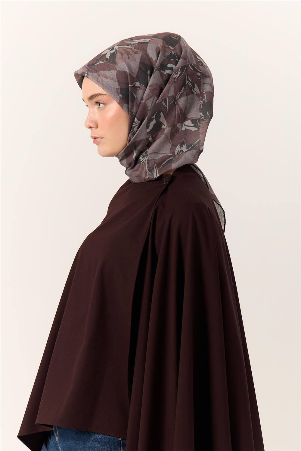 İnce Pamuk Soft Eşarp Kahverengi-Antrasit Desenli Kaymaz Dokulu Tok Duruşlu 90x90