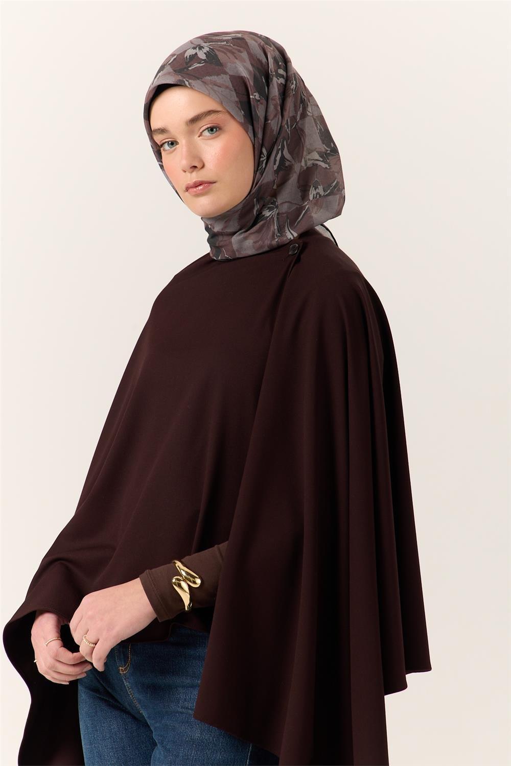 İnce Pamuk Soft Eşarp Kahverengi-Antrasit Desenli Kaymaz Dokulu Tok Duruşlu 90x90